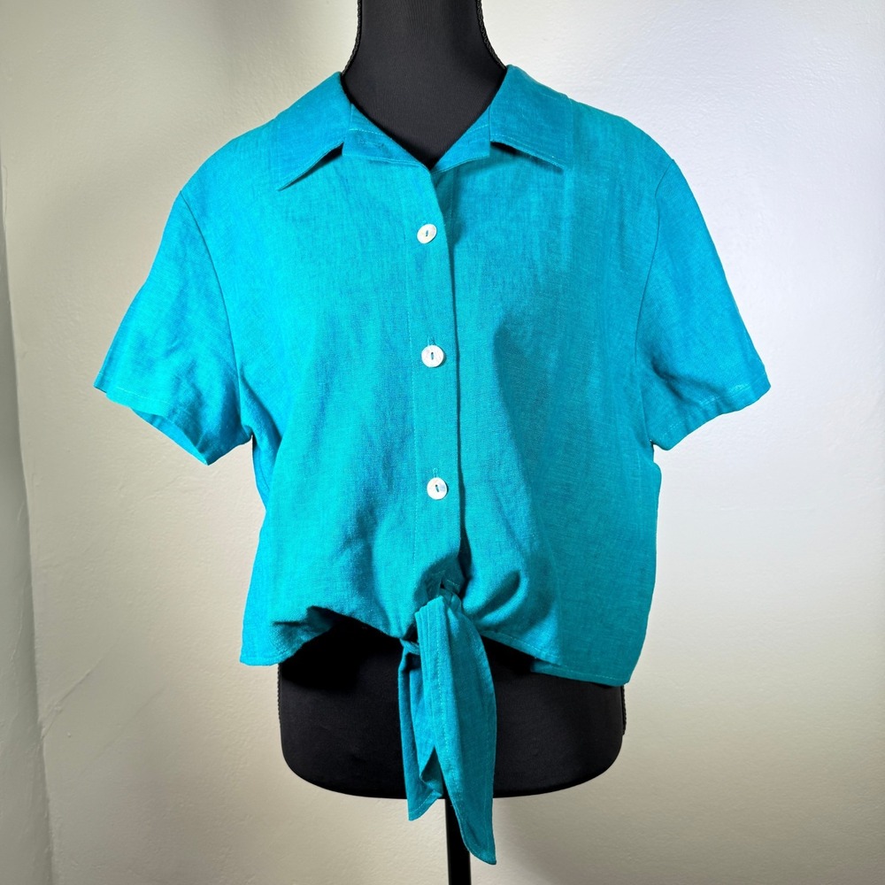 Vintage Coldwater Creek Top Womens Large P Blue Button Tie Blouse Linen Camp 90s
